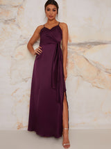 Satin Finish Drape Maxi Dress in Purple