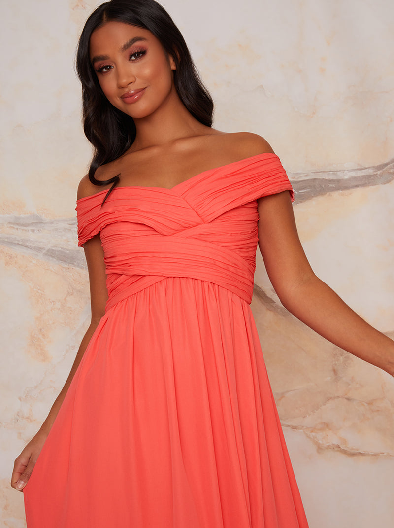 Petite Bardot Ruched Dress in Orange