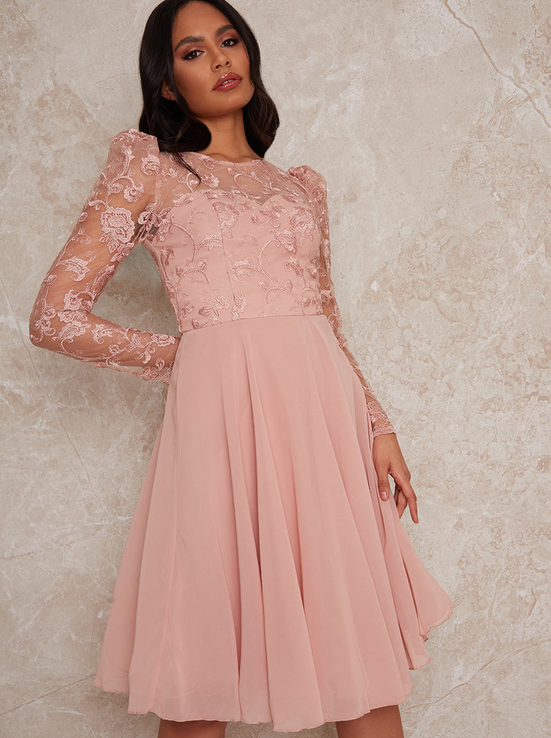 Sheer Long Sleeve Embroidered Skater Dress in Pink
