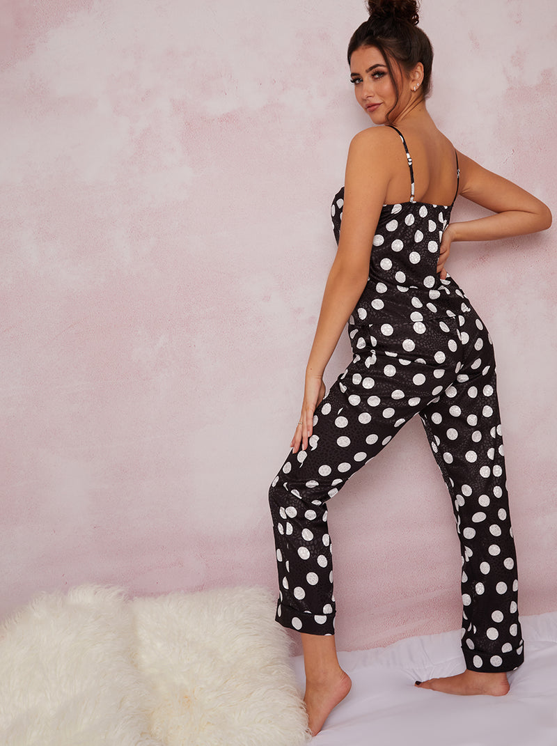 Silky Spot Print Cami Pyjama Set in Black