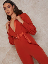 Long Sleeve Belted Tailored Jumpsuit in Orange