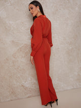 Long Sleeve Belted Tailored Jumpsuit in Orange