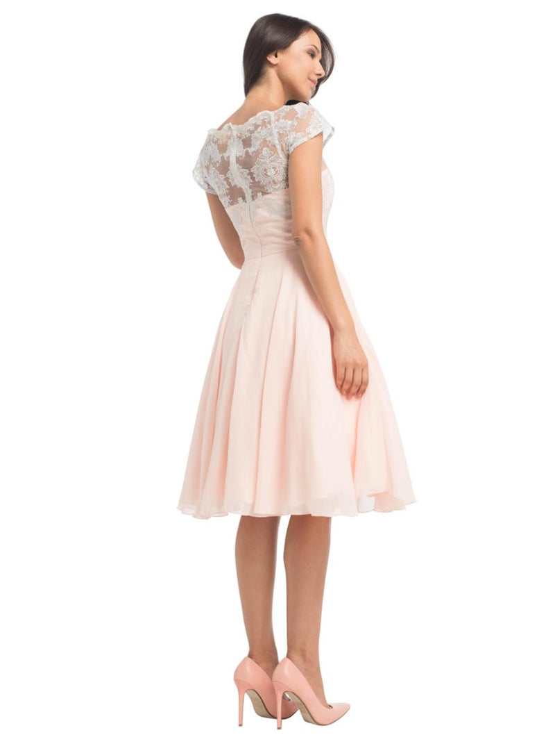 Cap Sleeve Embroidered Bodice Skater Dress in Pink