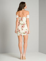 Floral Print Bardot Bodycon Mini Dress in Cream