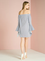 Bardot Flute Sleeve Mini Dress in Blue