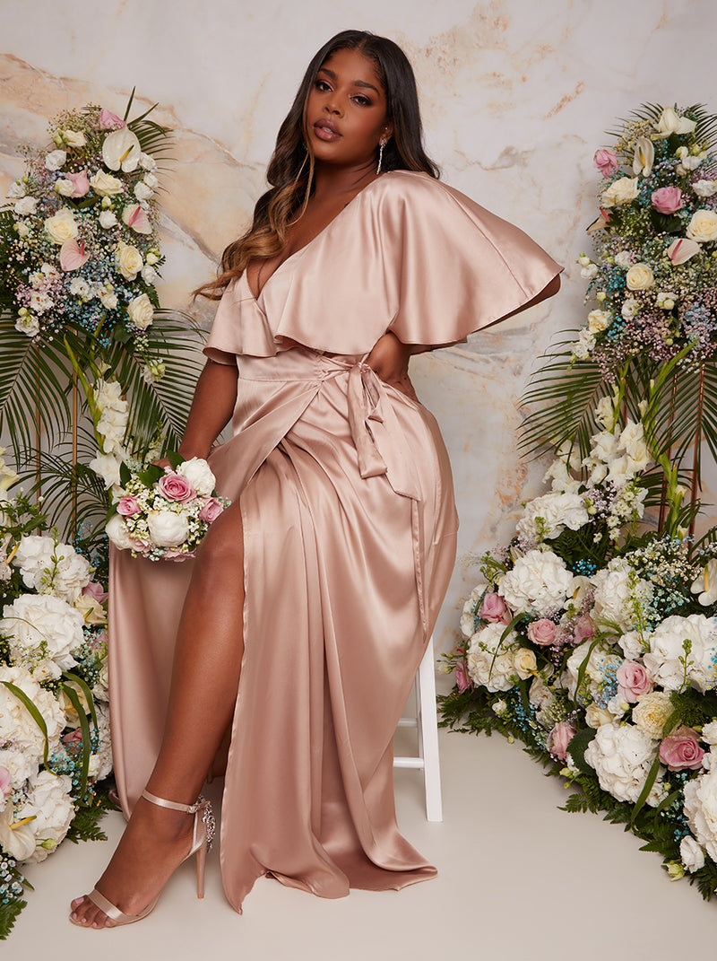 Plus Size Angel Sleeve Wrap Design Maxi Dress in Champagne