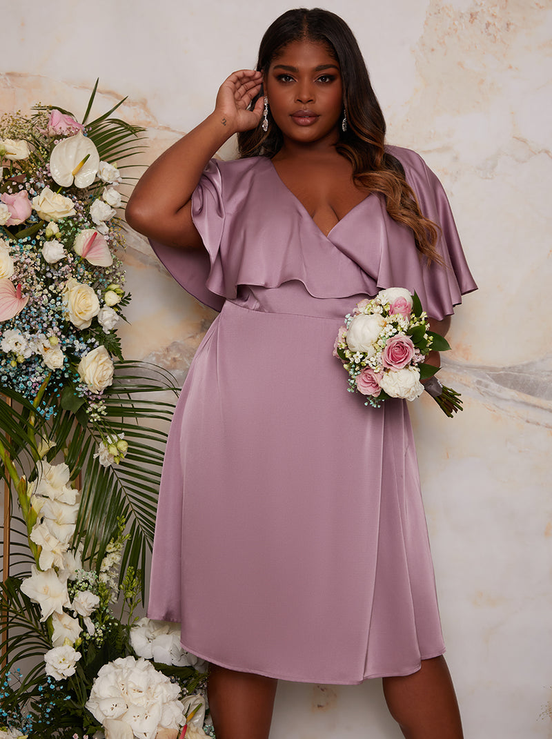 Plus Size Angel Sleeve Wrap Design Midi Dress in Lilac