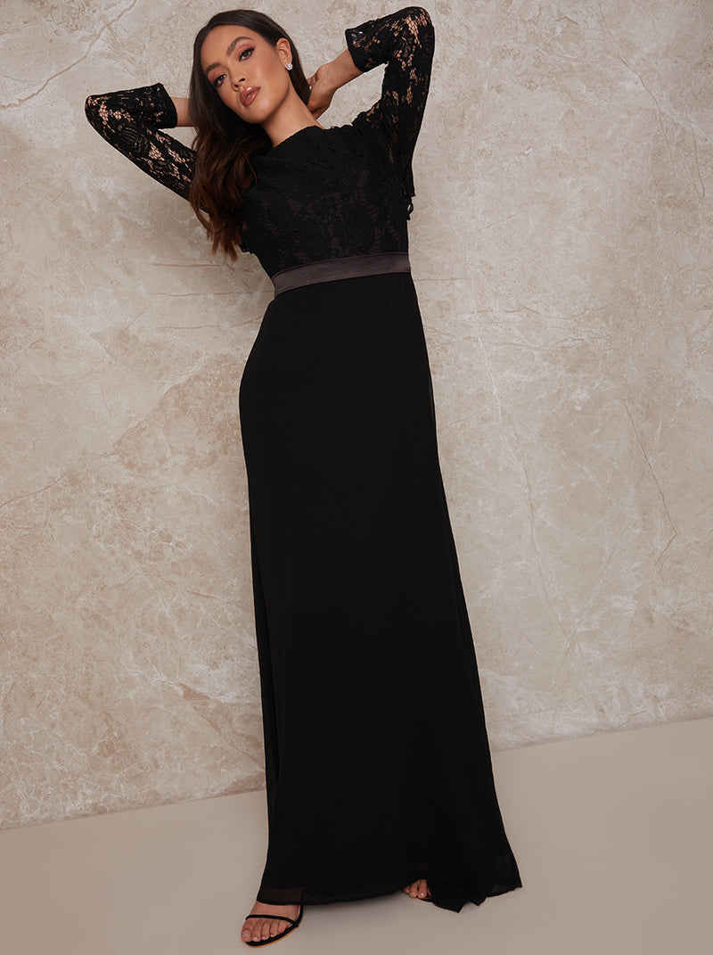 Long Sleeve Lace Bodice Maxi Dress in Black
