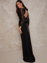 Long Sleeve Lace Bodice Maxi Dress in Black
