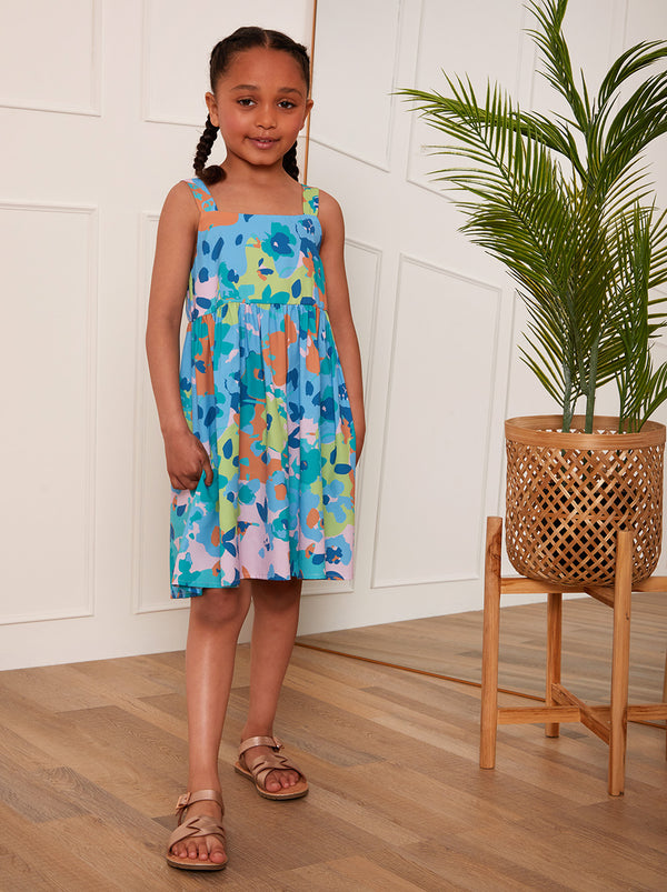 Younger Girls Floral Midi Dress in Blue
