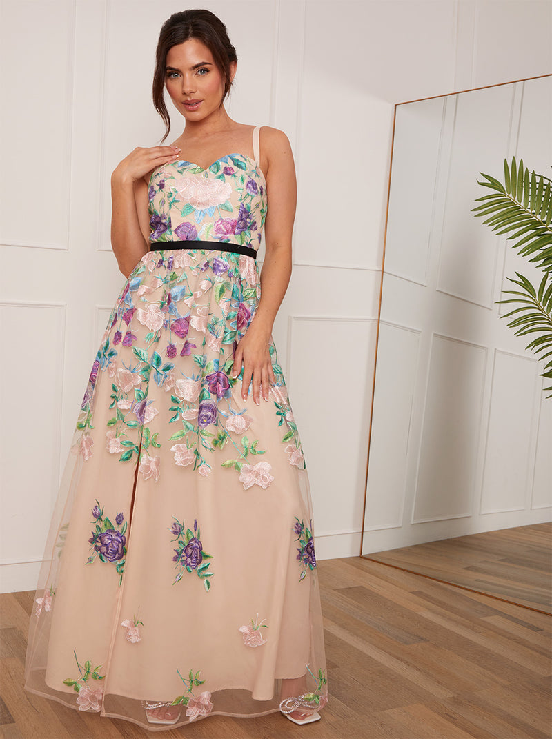 Petite Floral Embroidered Maxi Dress in Cream