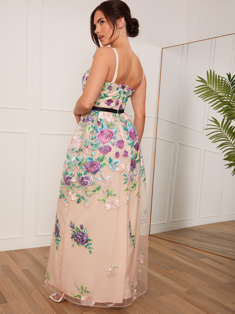 Petite Floral Embroidered Maxi Dress in Cream