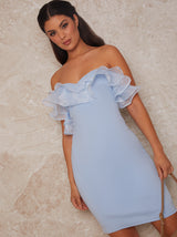 Organza Ruffle Bardot Bodycon Mini Dress in Blue