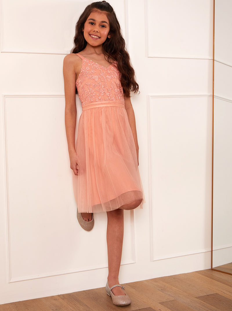 Older Girls Embroidered Lace Tulle Midi Dress in Coral