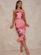One Shoulder Floral Print Midi Dress in Pink