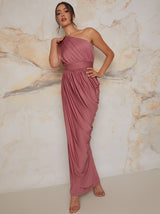 One Shoulder Drape Style Maxi Dress in Pink