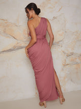 One Shoulder Drape Style Maxi Dress in Pink