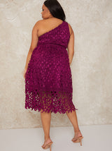 Plus Size One Shoulder Premium Lace Midi Dress in Purple