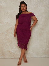 Plus Size Bardot Crochet Bodycon Dress in Purple