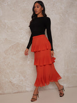 High Waist Pleated Tiered Skirt in Orange