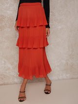 High Waist Pleated Tiered Skirt in Orange