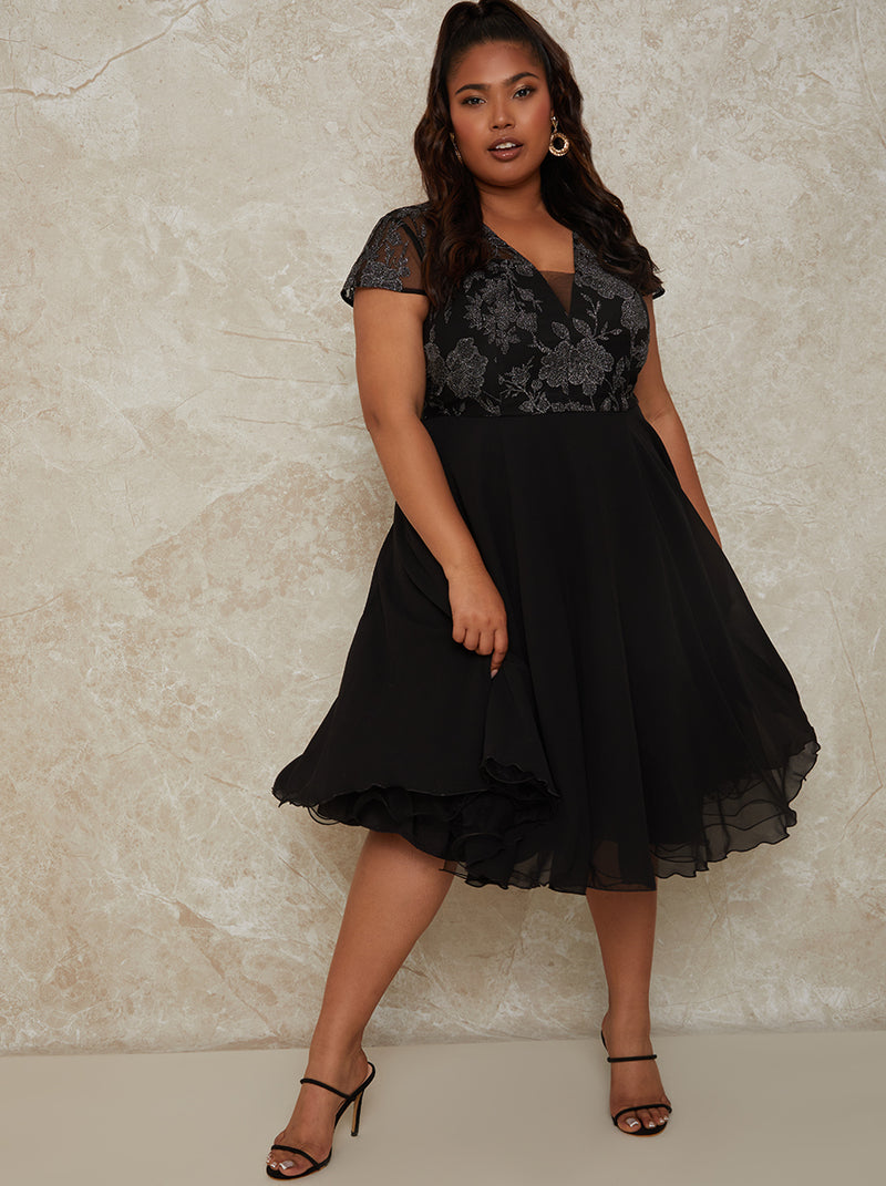 Plus Size V Neck Embroidered Midi Dress in Black