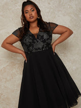 Plus Size V Neck Embroidered Midi Dress in Black
