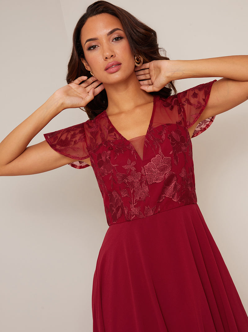V Neck Embroidered Midi Dress in Red