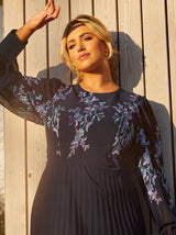 Plus Size Floral Embroidered Pleated Midi Dress in Navy