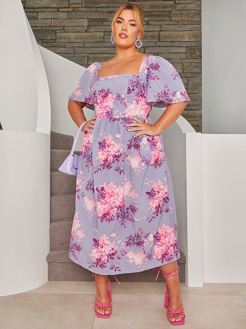Plus Size Floral Printed Midi Dress in Purple