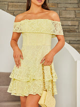 Bardot Premium Lace Tiered Hem Mini Dress in Yellow