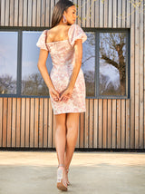 Puff Sleeve Jacquard Mini Bodycon Dress in Pink