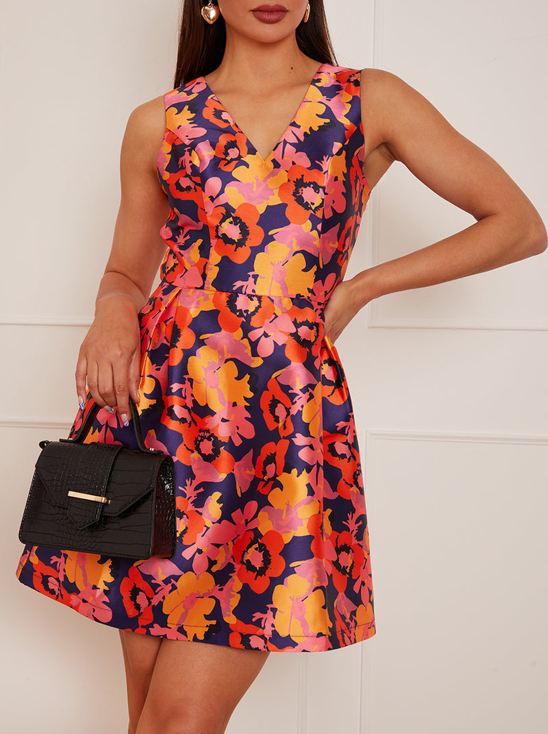 V Neck Abstract Floral Print Midi Dress in Navy