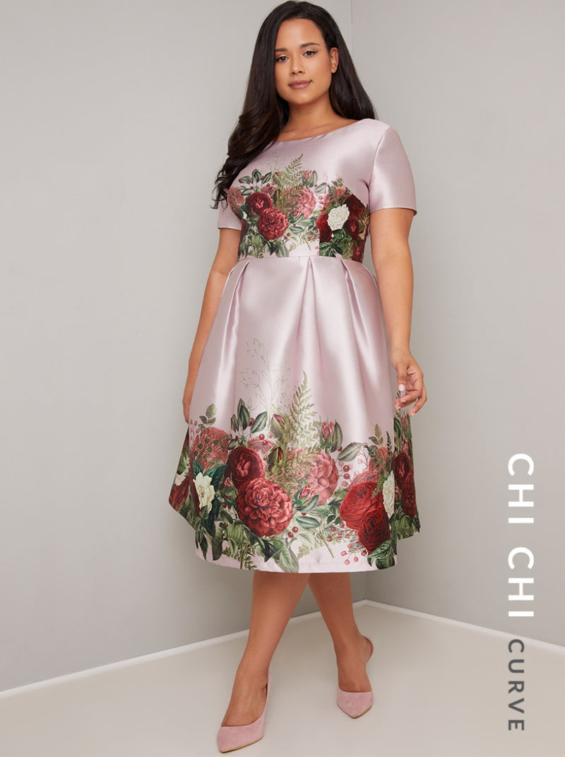 Plus Size Floral Border Midi Dress in Pink