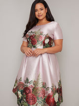 Plus Size Floral Border Midi Dress in Pink