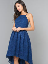 Open Back Crochet Lace Dip Hem Dress in Blue
