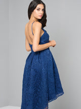 Open Back Crochet Lace Dip Hem Dress in Blue