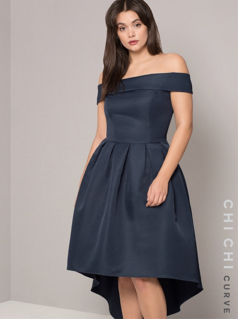 Plus Size Bardot Dip Hem Plain Midi Dress in Blue