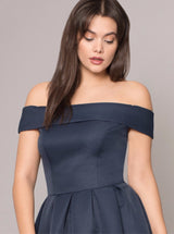 Plus Size Bardot Dip Hem Plain Midi Dress in Blue
