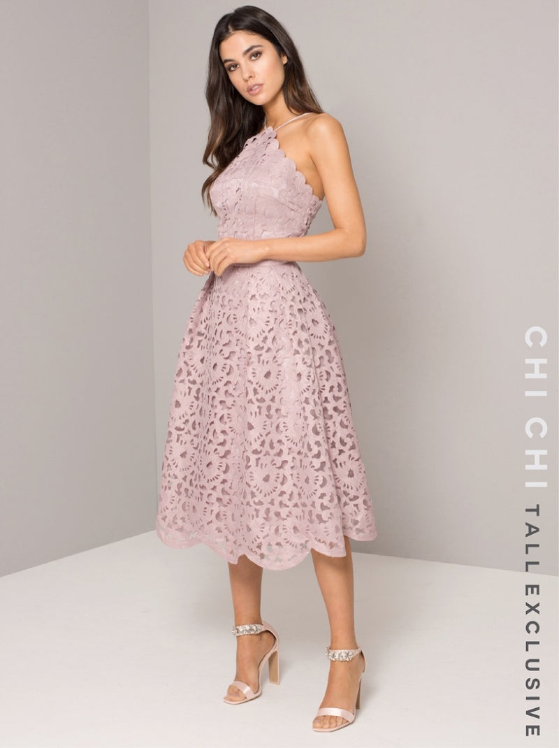 Tall Lace Overlay Scalloped Midi Dress in Mink