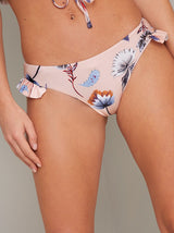 Frill Detail Floral Bikini Bottoms in Nude