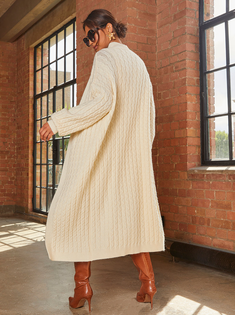 All-Over Knitted Cable Longline Cardigan in Cream