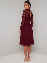 Petite Long Sleeved Lace Midi Dress in Red