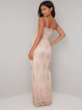 Cami Strap Lace Thigh Split Maxi Dress in Rose Gold