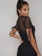 Petite Crochet Tie Detail Frill Hem Dress in Black