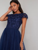 Embroidered Bodice Cap Sleeved Midi Dress in Blue
