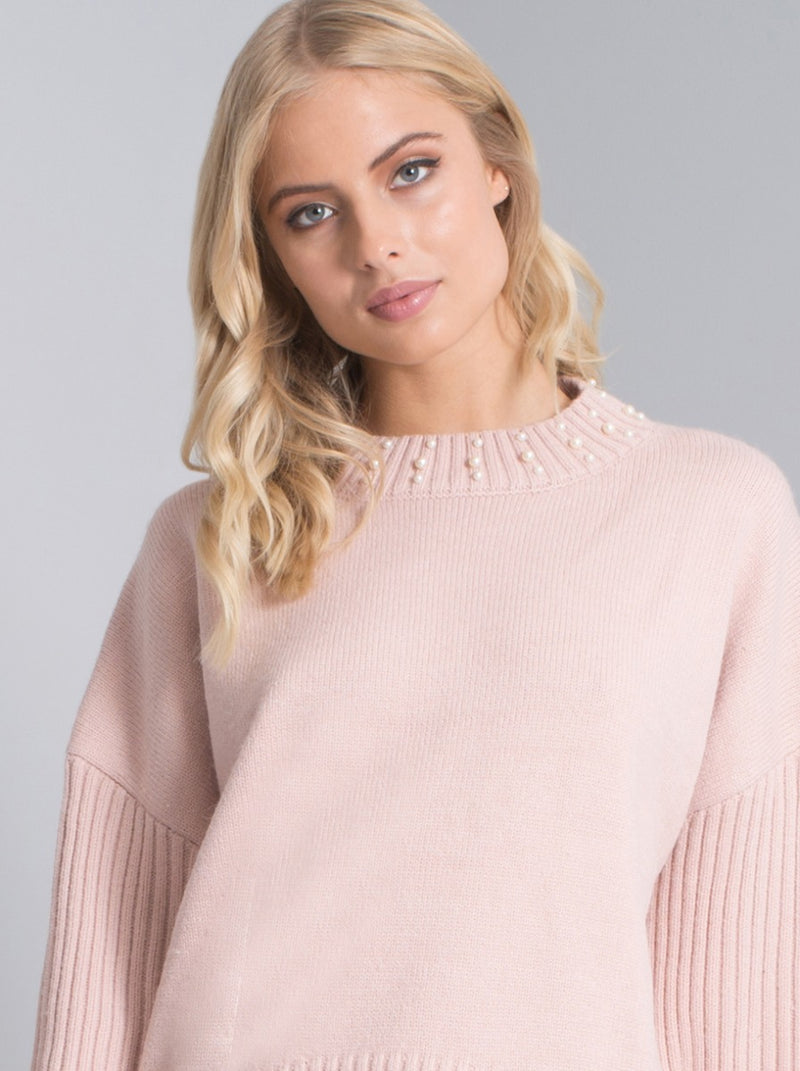 Pearl Embellished Knitted Jumper in Pink