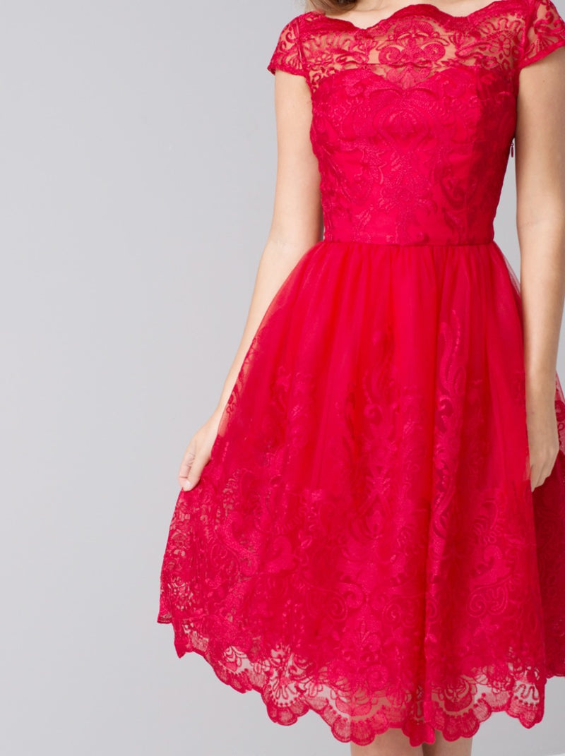 Cap Sleeve Baroque Embroidered Midi Dress in Red