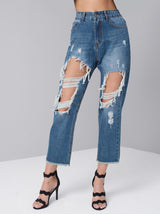 Distressed Mom Ripped Jeans in Blue