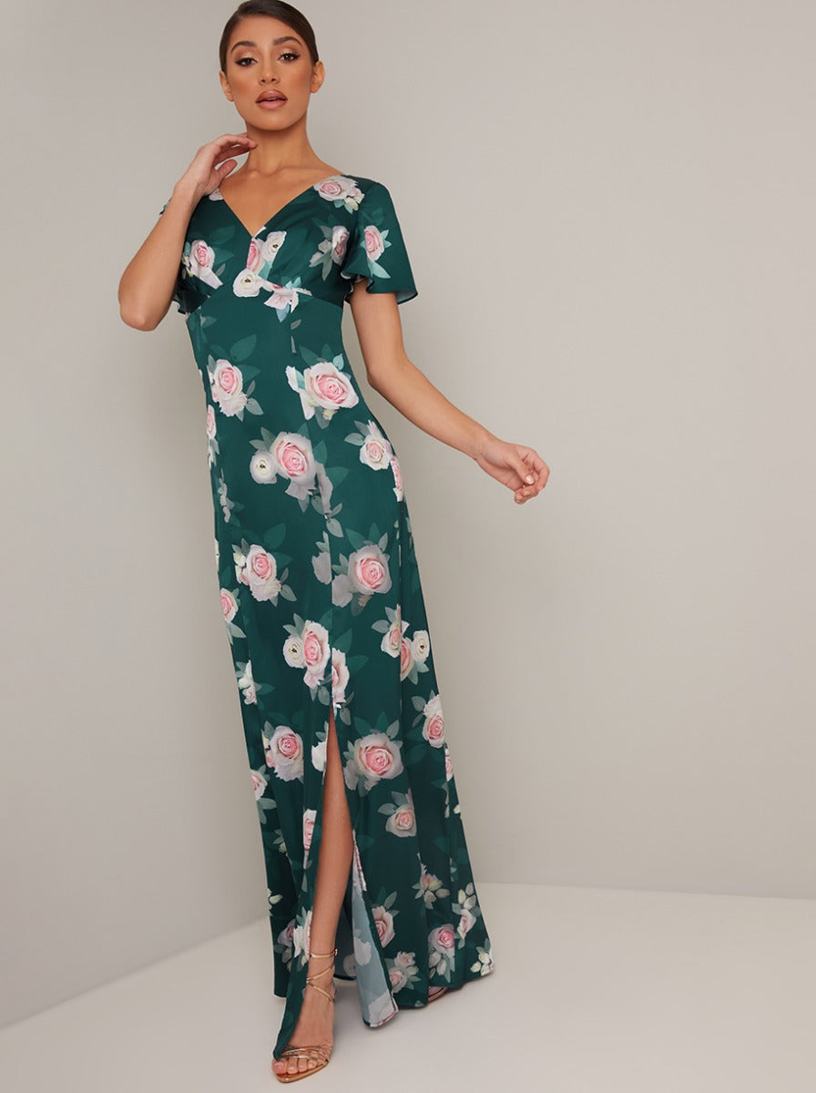 Floral Print V Neck Maxi Dress in Green – Chi Chi London